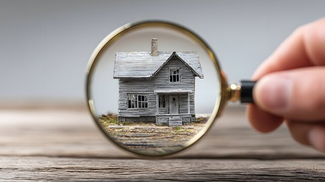 A hand holding a magnifying glass over an old, abandoned house on a wooden surface.