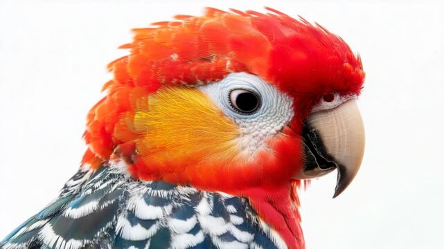 Close-up of a vibrant parrot with colorful plumage against a white background, showcasing its features