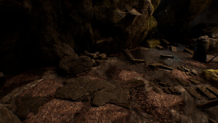 洞窟と落ち葉と水