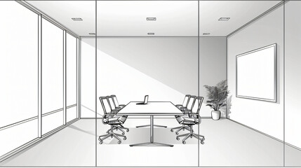 Grayscale Architectural Drawing of a Modern Conference Room Interior