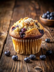 Freshly baked blueberry muffin with a crumbly top and fluffy interior on a rustic wooden table