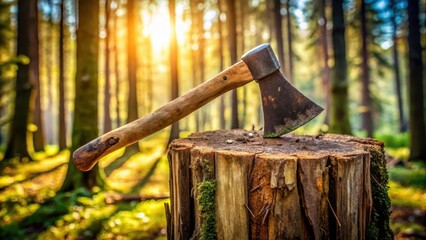 Weathered axe head partially exposed from a centuries-old tree stump in the forest