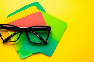 Stylish Black Glasses on Colorful Background of Red Green Yellow
