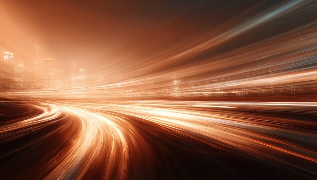 Abstract image of a curving road at night with light trails suggesting high speed, leading towards a distant city skyline under an orange-hued sky
