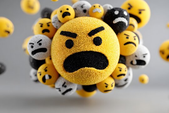 A cluster of yellow and black emojis with various expressions floating in the air, prominently featuring an angry face emoji at the center.