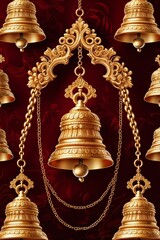 Obraz premium Golden temple bells and chains with intricate carvings on a deep red velvet backdrop background wallpaper for card invitation or phone