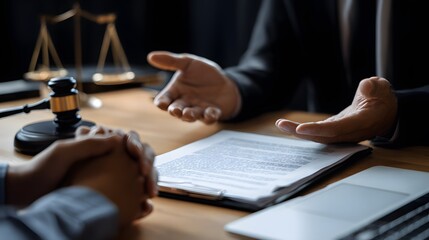 A lawyer in a dark suit is explaining legal documents to a client with a gavel and scales of justice on the desk.