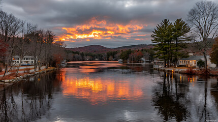 Obraz premium A beautiful sunset over a river with houses in the background