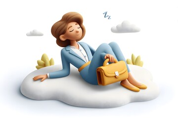 A serene businesswoman in a blue suit taking a nap on a fluffy cloud with a yellow briefcase and small plants nearby.