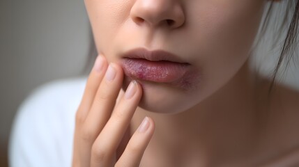 A close-up image of a person touching their lips, which appear to be affected by dryness or chapping.
