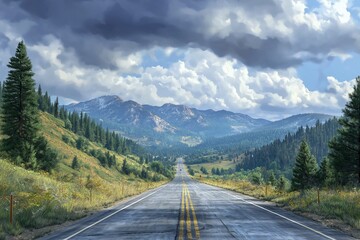 Fototapeta premium Stunning Mountain Road Landscape with Dramatic Sky. Explore Idyllic Rural Scenery and Natural Beauty