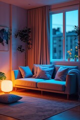 Soft lit sofa area with throw pillows and glowing phone screen background wallpaper for card invitation or phone