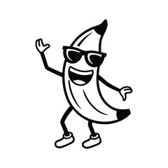 funny cartoon banana vector art character with sunglasses dancing isolated on white background.