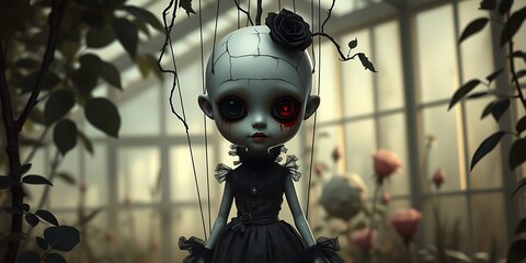 A chiaroscuro painting of a hyperrealistic, surreal chibi marionette a pale porcelain doll with gothic black rose elements. Its thin body has vine-like strings.  Its cracked face has a glowing crimson