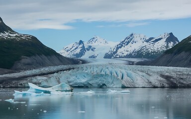 Obraz premium Scenic view of a glacier with icebergs in the water and snow capped mountains in background