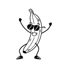 funny cartoon banana vector art character with sunglasses dancing isolated on white background.