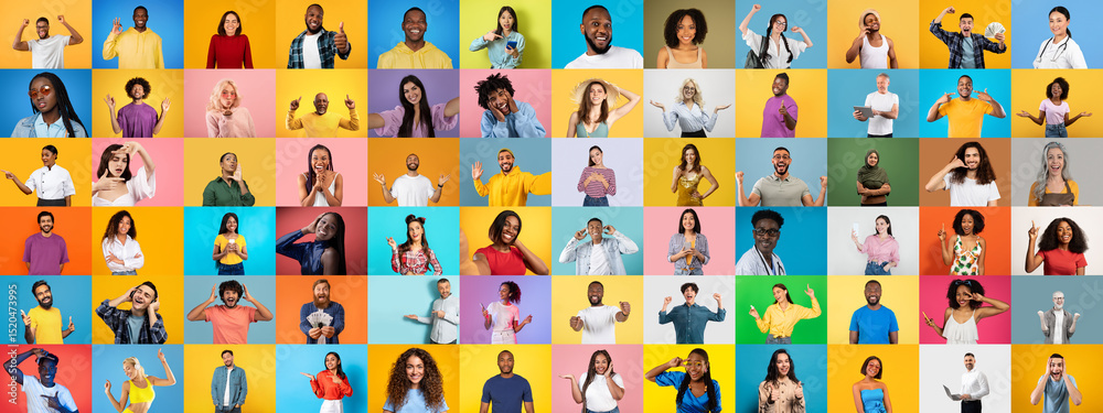 Poster a collection of portraits features a diverse range of individuals showcasing various emotions agains
