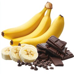 Three ripe yellow bananas, alongside chocolate chunks and chips, on a white background