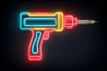 A neon sign of a drill in vibrant colors against a dark background, showcasing the tool's shape and design with glowing outlines.