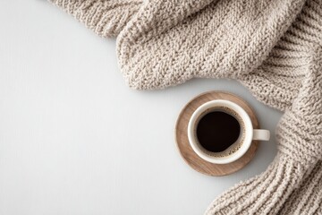 A beige knitted throw drapes diagonally across a white surface next to a cup of coffee on a wooden coaster