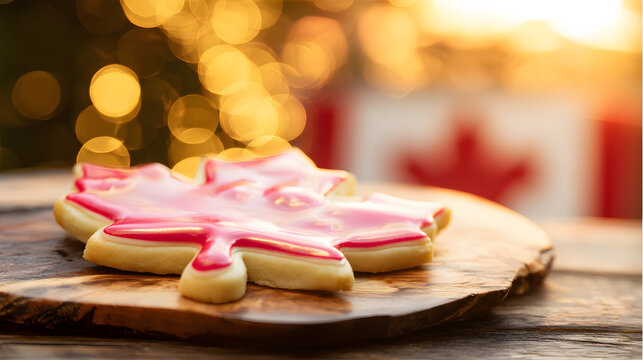 Maple leaf cookie with red and white icing on a wooden plate, celebrating Canada Day with festive warmth and patriotic spirit.