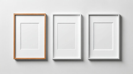 Three vertical frames with white mats and one wood frame hanging on a white wall in a row display