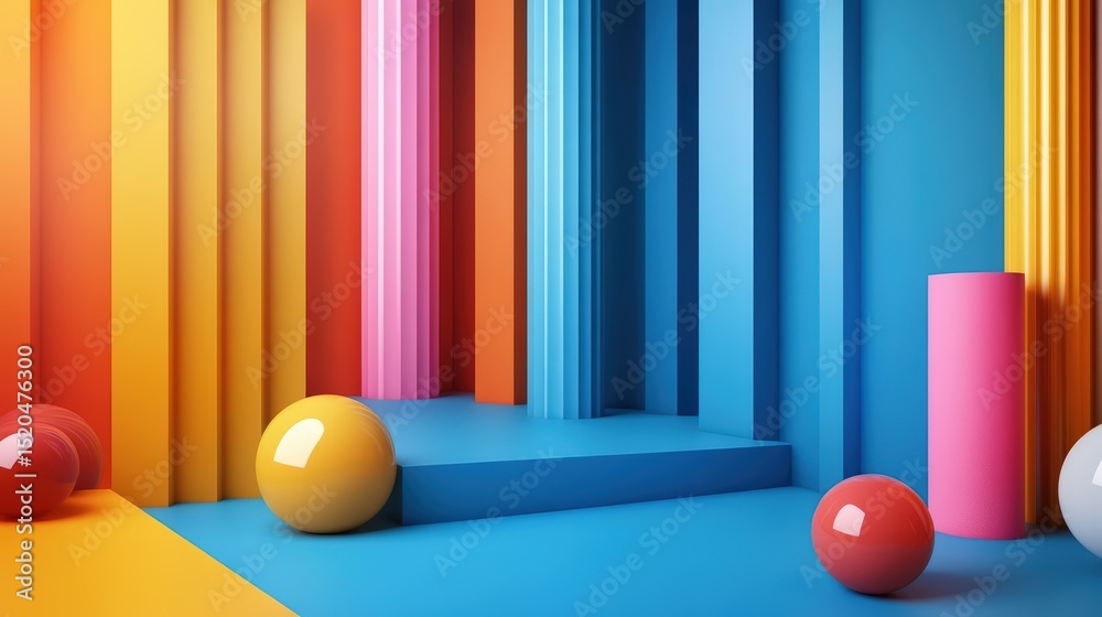 Poster dimensional spectrum: an abstract composition of color blocks and spherical forms