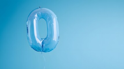A single blue number zero balloon floating against a solid light blue background with a minimalist aesthetic.