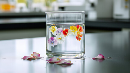 A glass beaker half-filled with water and floating flower petals on a lab counter, copy space. Concept of soft power and harmony in scientific exploration, women in science.