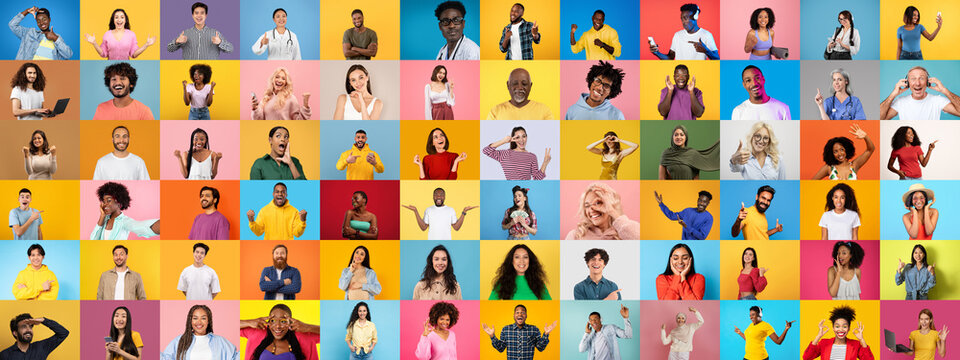 A lively collection of diverse individuals showcasing their unique personalities against bright backgrounds. Each portrait captures joy and inclusivity through varied expressions and styles.