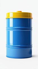 A vibrant blue metal barrel with a bright yellow lid,  standing upright against a plain white background.  The barrel shows subtle banding and a glossy finish