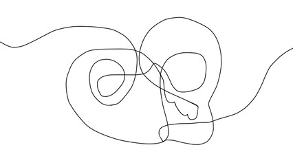 Obraz premium Abstract one-line drawing of a stylized skull with spiral eyes, created in minimalist black line art style on a white background.