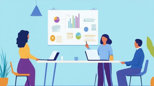 Creative Team Collaboration on Data Analytics Presentation in a Modern Office Space