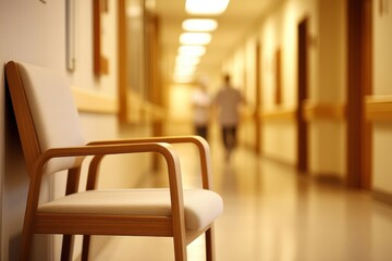 A lone beige chair sits in a pale, long hospital corridor, with blurred figures walking away