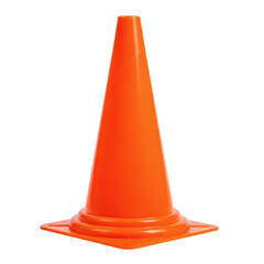 Isolated bright orange training cone standing upright in a studio shot on transparent background
