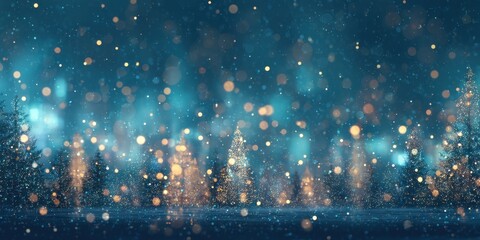 Enchanting winter scene glistening trees, softly falling snow, and a magical bokeh of warm and cool lights in a twilight forest