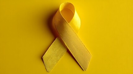 A yellow ribbon symbolizing awareness for childhood cancer placed on a solid yellow background