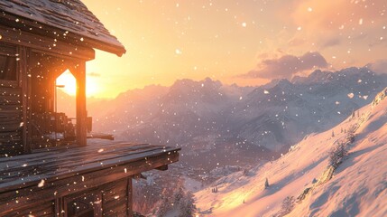 Snowy Rustic Wooden Cabin in the Mountains By Generated AI