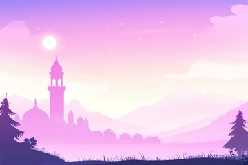 Serene Landscape at Dusk with Mosque and Mountains in Silhouette