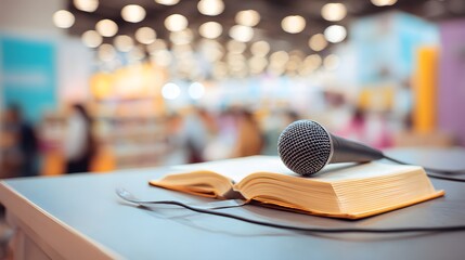 A microphone resting on an open book in a bookstore with blurred background of people and shelves.