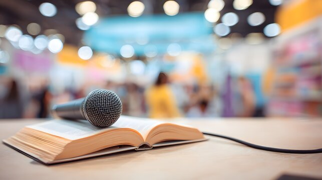 Microphone resting on an open book in a bustling bookstore with blurred background of people and shelves