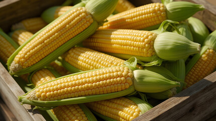 Photorealistic Closeup of Fresh Corn Cobs in Rustic Crate with Natural Sunlight