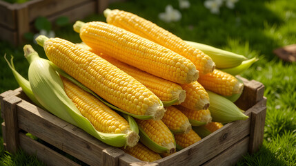Photorealistic Closeup of Fresh Corn Cobs in Rustic Crate with Natural Sunlight