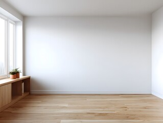 Fototapeta premium A minimalist room with a wooden floor, white walls, and a window sill adorned with a small potted plant.