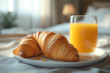 Gourmet Breakfast. Fresh Croissants and Orange Juice in Sunny Morning Light for a Cozy Home Dining Experience