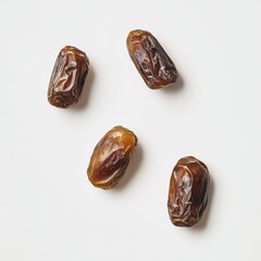 Four dark brown dates scattered on a plain white background, captured in a close-up overhead shot