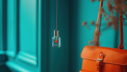Teal wall backdrop with a small, heart-shaped perfume charm hanging, and a burnt orange leather bag softly blurred in the foreground