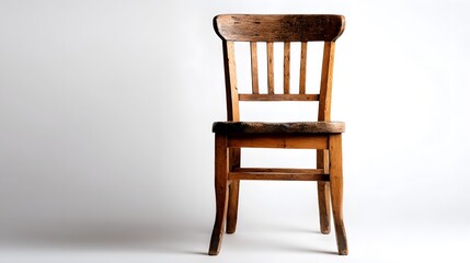An old wooden chair with a worn seat and backrest, standing alone against a plain white background.