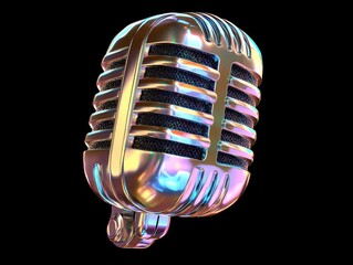 Iridescent metallic retro microphone, angled, isolated on black background, showcasing chrome and colorful reflections