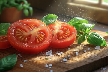Fresh Tomato Slices and Basil on Wooden Board. A Culinary Delight With Organic Herbs and Vibrant Summer Produce